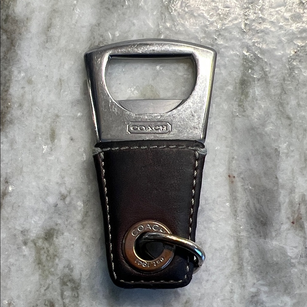 Coach Silver and Black Leather Keychain Bottle Opener
